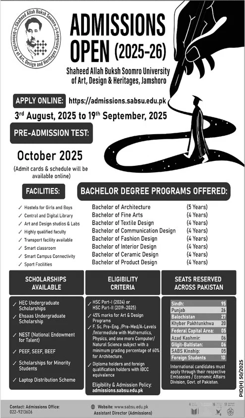 Admission Open in Shaheed Allah Buksh Soomro University of Art, Design & Heritage Jamshoro